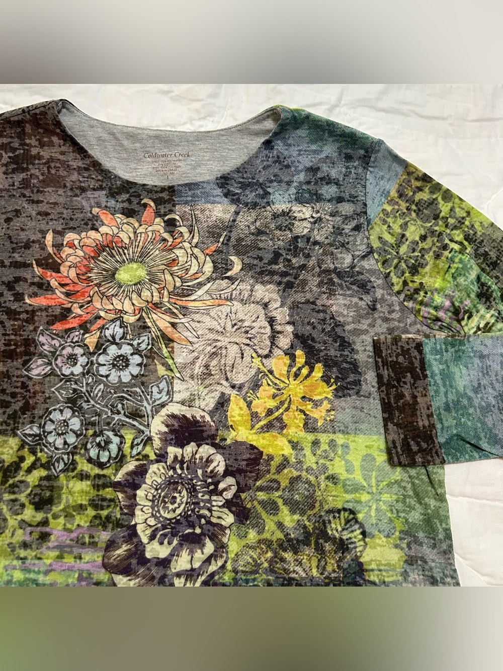 VTG Y2K Coldwater Creek Burnout Top T-Shirt Size L Floral Whimsygoth Made In USA